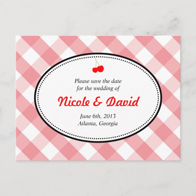 Pink gingham country rustic cherry save the date announcement postcard (Front)