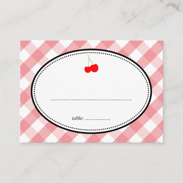 Pink gingham country rustic cherry seating card (Front)