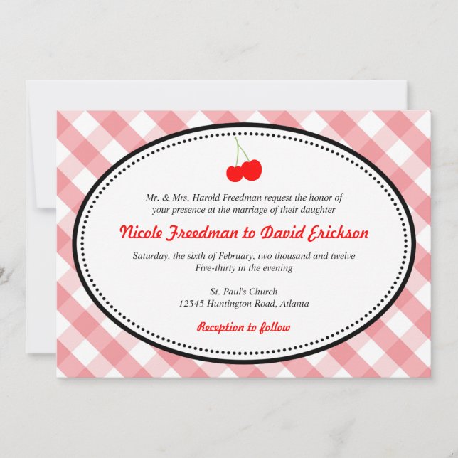 Pink gingham country rustic red cherry wedding invitation (Front)
