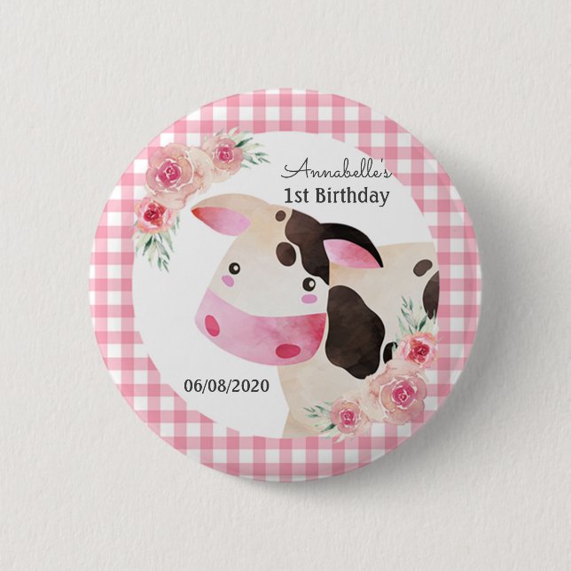 Pink Gingham Cow Birthday Favour 6 Cm Round Badge (Front)