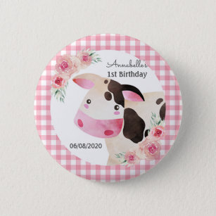 Pink Gingham Cow Birthday Favour 6 Cm Round Badge