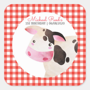 Pink Gingham Cow Farm Animal Birthday Barnyard Square Sticker
