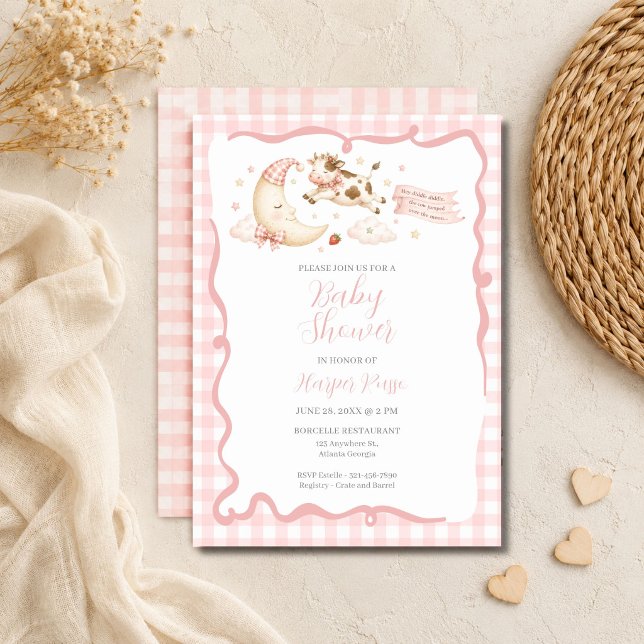 Pink Gingham Cow Moon Baby Shower Invitation (Pink Gingham Cow Moon Baby Shower Invitation)