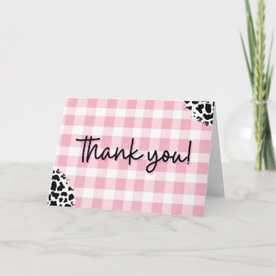Pink Gingham Cow Print Thank You Card for Birthday