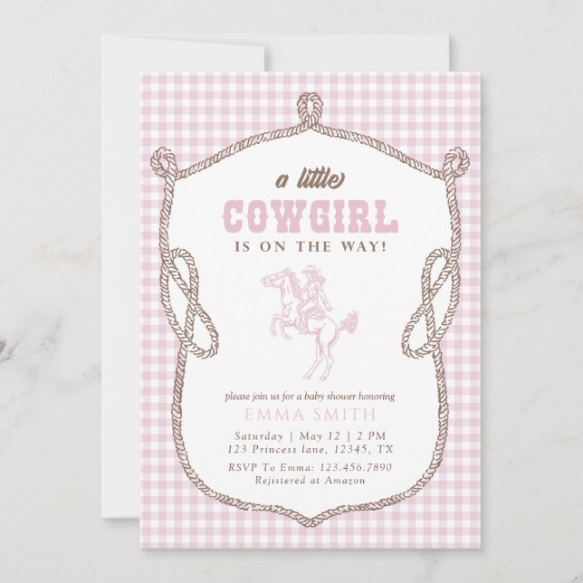 Pink Gingham Cowboy Baby Shower Vintage Preppy  Invitation (Front)