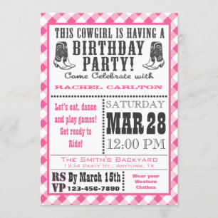 Pink Gingham Cowgirl Birthday Invitation