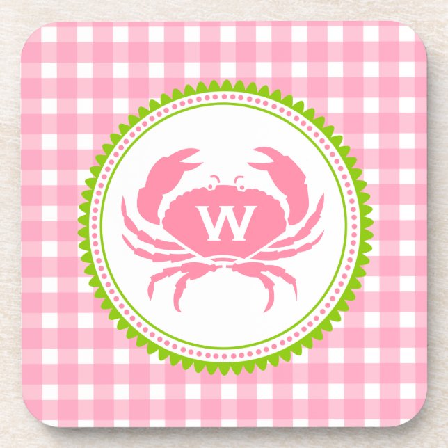 Pink Gingham & Crab Monogram Cork Coasters (Front)