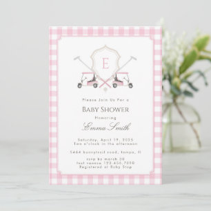 Pink Gingham Crest Monogram Golf Baby Shower Invitation