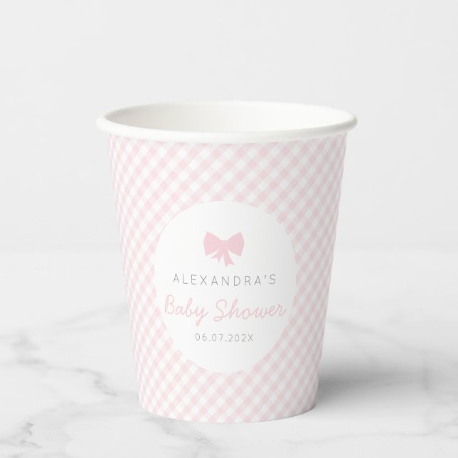 Pink gingham cute bow baby shower paper cups (Front)