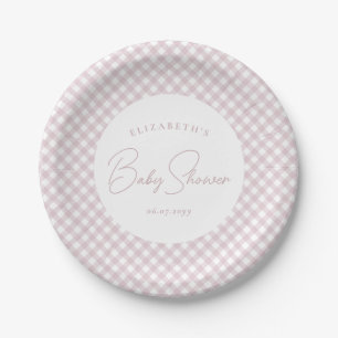 Pink gingham cute simple personalized baby shower paper plate