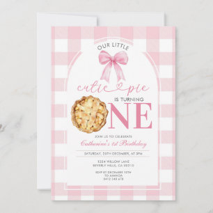 Pink Gingham Cutie Pie First Birthday Invitation