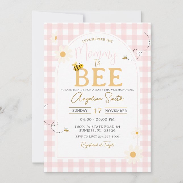 Pink Gingham Daisies Bee Baby Shower Mummy To Bee Invitation (Front)