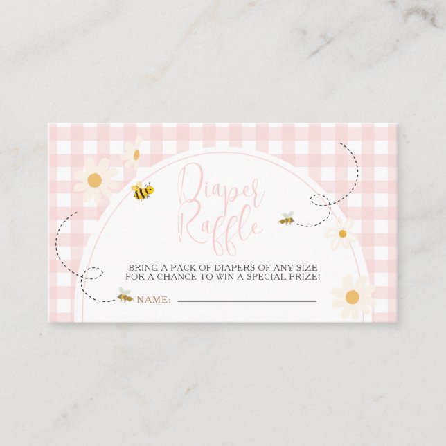 Pink Gingham Daisy Bee Baby Shower Diaper Raffle Enclosure Card (Front)