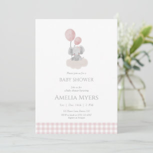 Pink Gingham Elephant on Cloud Baby Shower  Invitation