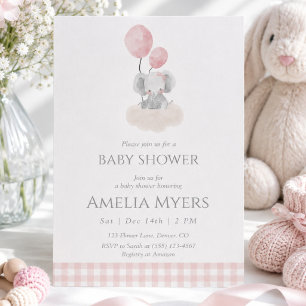 Pink Gingham Elephant on Cloud Baby Shower Invitation