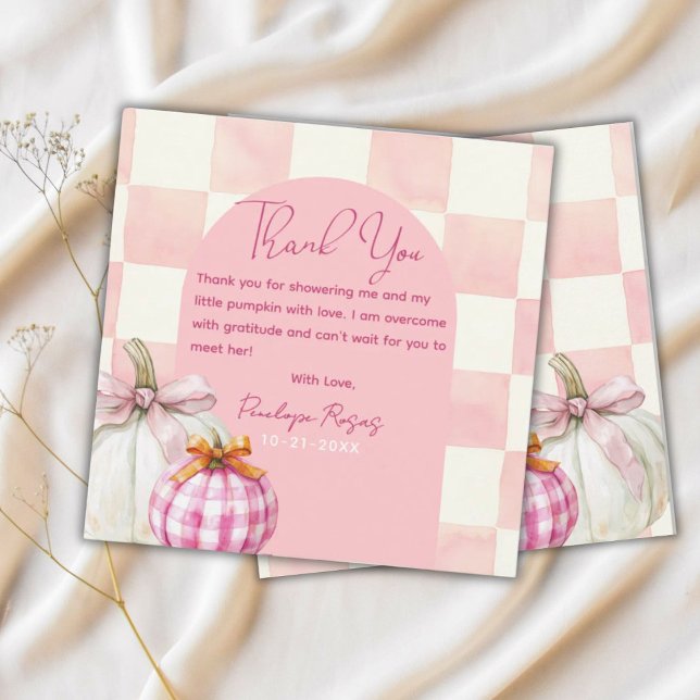 Pink Gingham Fall Pumpkin Girl Baby Shower  Thank You Card (Creator Uploaded)