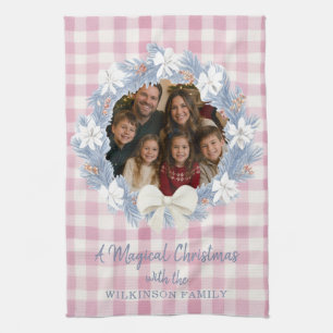 Pink Gingham Family Christmas Photo Wreath Kitchen Tea Towel