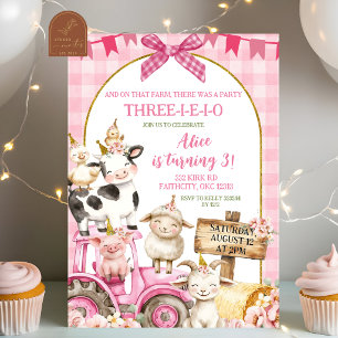 Pink Gingham Farm Animal Girl 3rd Birthday Invitation