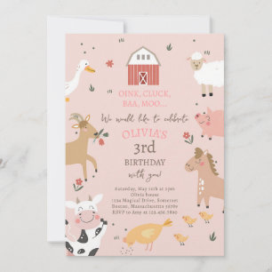 Pink Gingham Farm Animals Girl Birthday Invitation