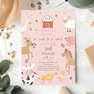 Pink Gingham Farm Animals Girl Birthday Invitation