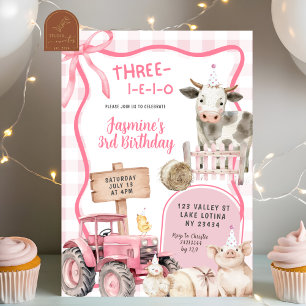 Pink Gingham Farm Birthday  Invitation