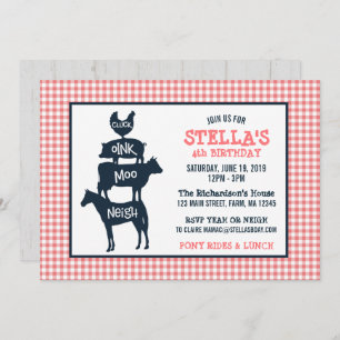 Pink Gingham Farm Theme Animal Girl Birthday Invitation