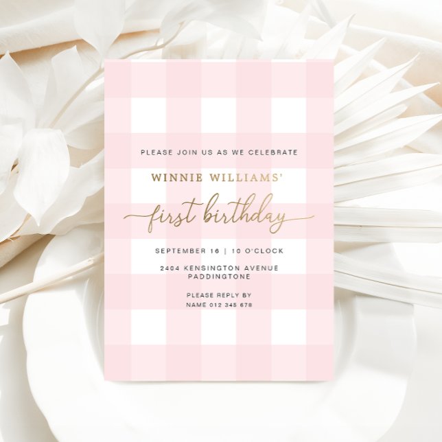 Pink Gingham First Birthday Gold Foil Invitation (Creator Uploaded)