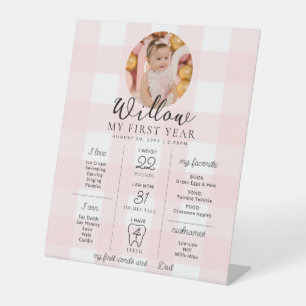 Pink Gingham First Birthday Milestone Timeline Pedestal Sign
