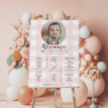 Pink Gingham First Birthday Milestone Timeline Poster<br><div class="desc">Celebrate the first 12 months of your little one with this first birthday milestone sign. Customise the sign with your baby's yearly milestones. To add text to the design simply select the "Customise It" button above for more advanced customisation features.</div>