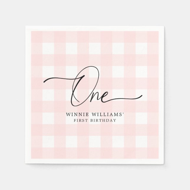Pink Gingham First Birthday Paper Napkin (Front)