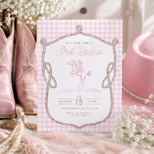 Pink Gingham First Rodeo 1st Birthday Cowboy  Invitation