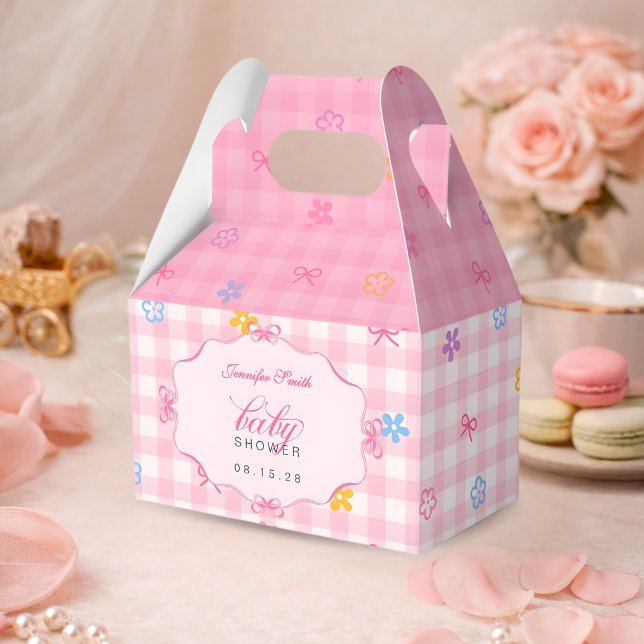 Pink Gingham Floral Bow Baby Shower Favor Boxes (Creator Uploaded)
