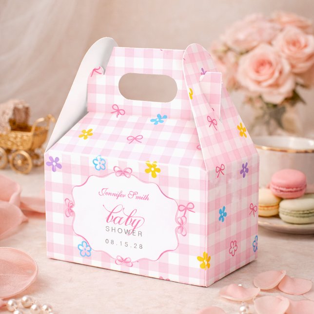 Pink Gingham Floral Bow Baby Shower Favor Boxes (Creator Uploaded)