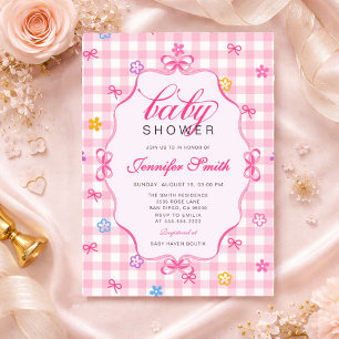 Pink Gingham Floral Bow Baby Shower Invitation