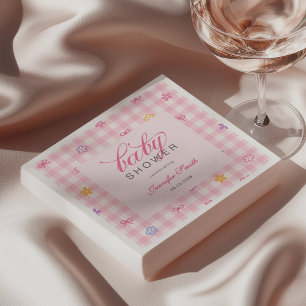 Pink Gingham Floral Bow Baby Shower Napkins