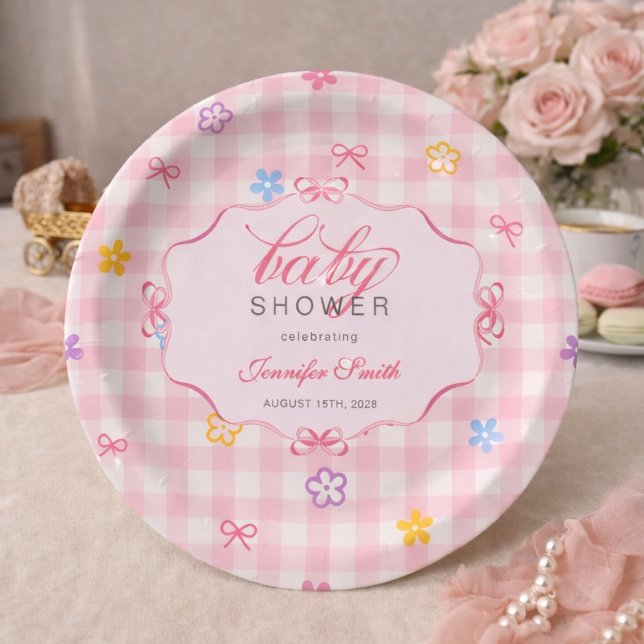 Pink Gingham Floral Bow Baby Shower Paper Plates (Creator Uploaded)