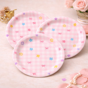 Pink Gingham Floral Bow Baby Shower Paper Plates