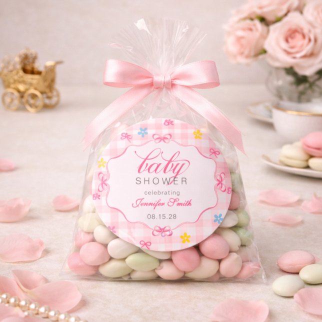 Pink Gingham Floral Bow Baby Shower Sticker (Creator Uploaded)