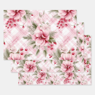 Pink Gingham Floral Christmas Berries Wrapping Paper Sheet