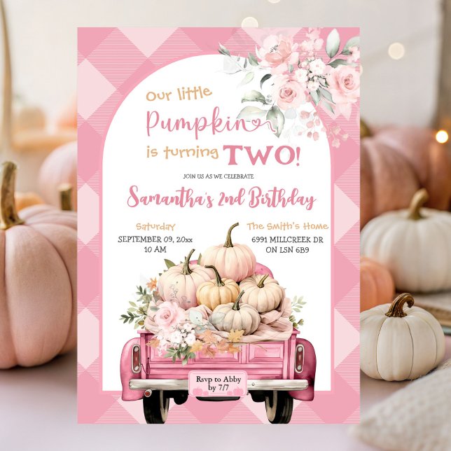Pink Gingham Floral Fall Pumpkin Theme Birthday Invitation (Creator Uploaded)