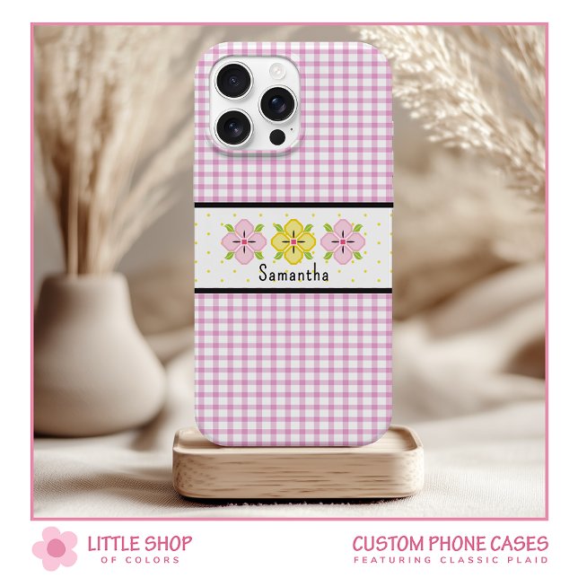 Pink Gingham Floral Monogram iPhone 15 Case (Creator Uploaded)