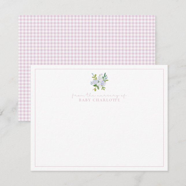Pink gingham floral nursery baby note card (Front/Back)