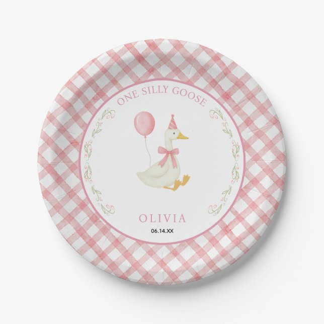 Pink Gingham Floral One Silly Goose 1st Birthday Paper Plate (Front)