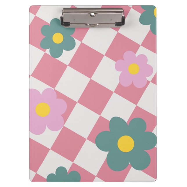 Pink Gingham Floral Pattern – Retro Cute Flower  Clipboard (Front)