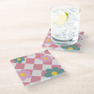 Pink Gingham Floral Pattern – Retro Cute Flower Glass Coaster