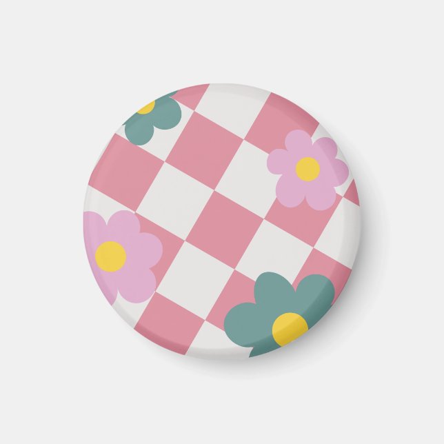 Pink Gingham Floral Pattern – Retro Cute Flower  Magnet (Front)