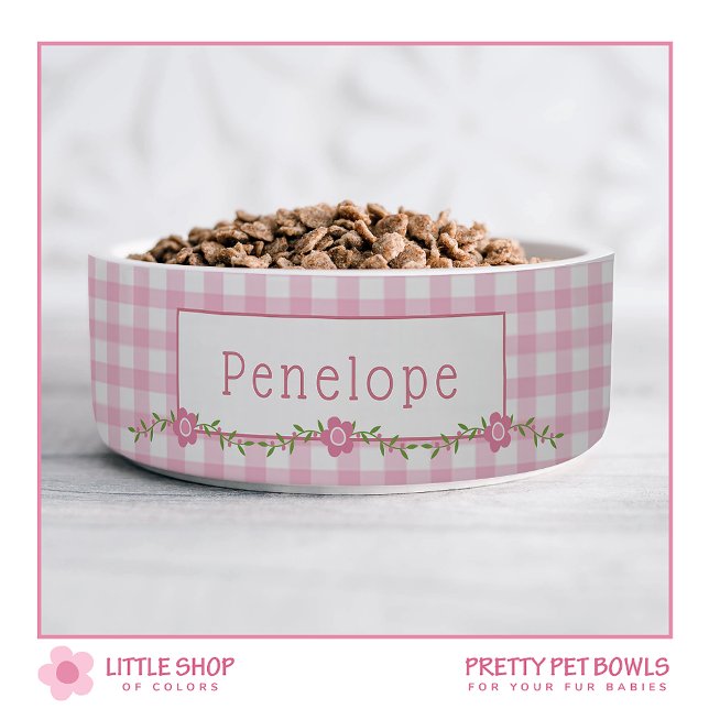 Pink Gingham Floral Personalised Pet Bowl (Creator Uploaded)