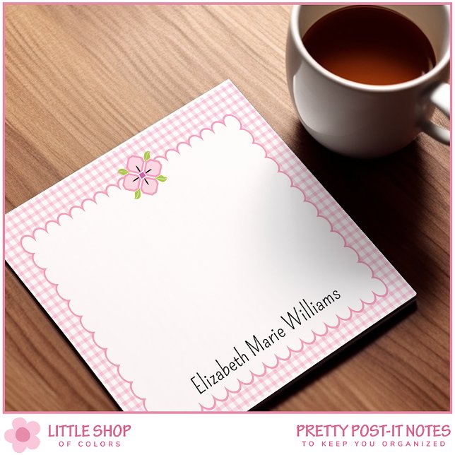 Pink Gingham Floral Scalloped Edge Personalised Post-it Notes (Creator Uploaded)