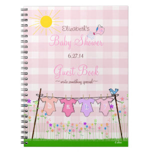 Pink Gingham-Flowers Baby Shower Guest Book- Spiral Notebook