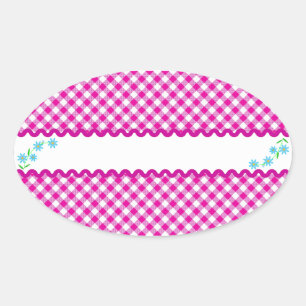 Pink Gingham & Flowers Background Oval Sticker